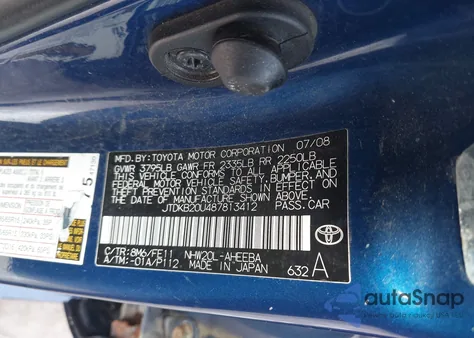 2008 Toyota Prius from USA, damaged, VIN JTDKB20U487813412